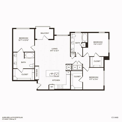 Floor plan for 3 beds, 2 baths, 1548 sqft